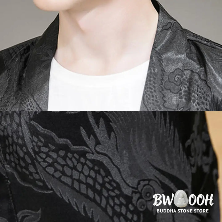Buddha Stones Chinese Dragon Open Front Jacket Men’s Kimono - Men’s Kimono