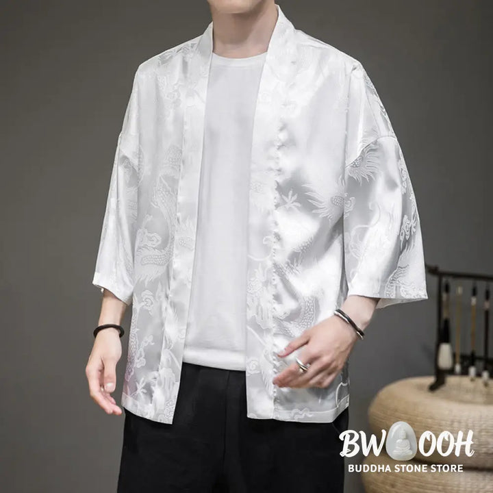 Buddha Stones Chinese Dragon Open Front Jacket Men’s Kimono - Men’s Kimono