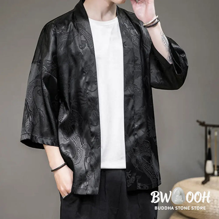 Buddha Stones Chinese Dragon Open Front Jacket Men’s Kimono - Men’s Kimono