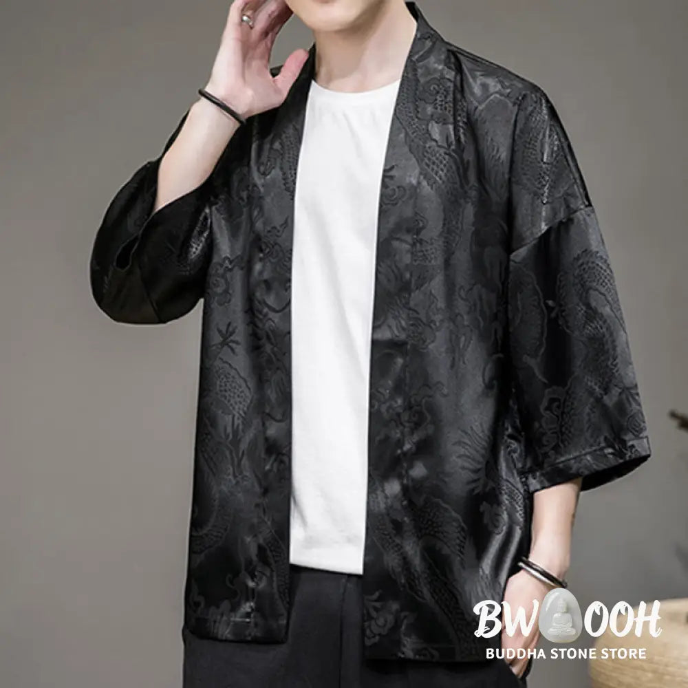 Buddha Stones Chinese Dragon Open Front Jacket Men’s Kimono - Men’s Kimono