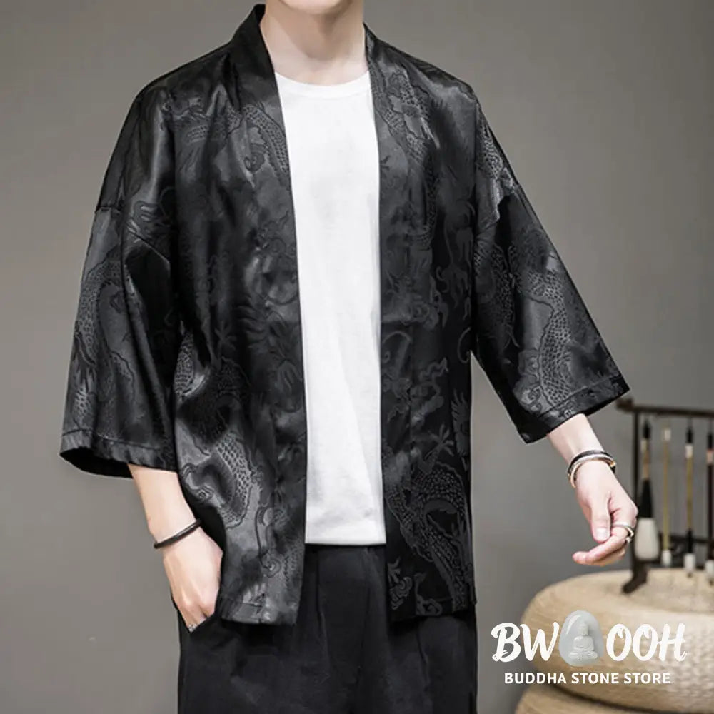 Buddha Stones Chinese Dragon Open Front Jacket Men’s Kimono - Men’s Kimono