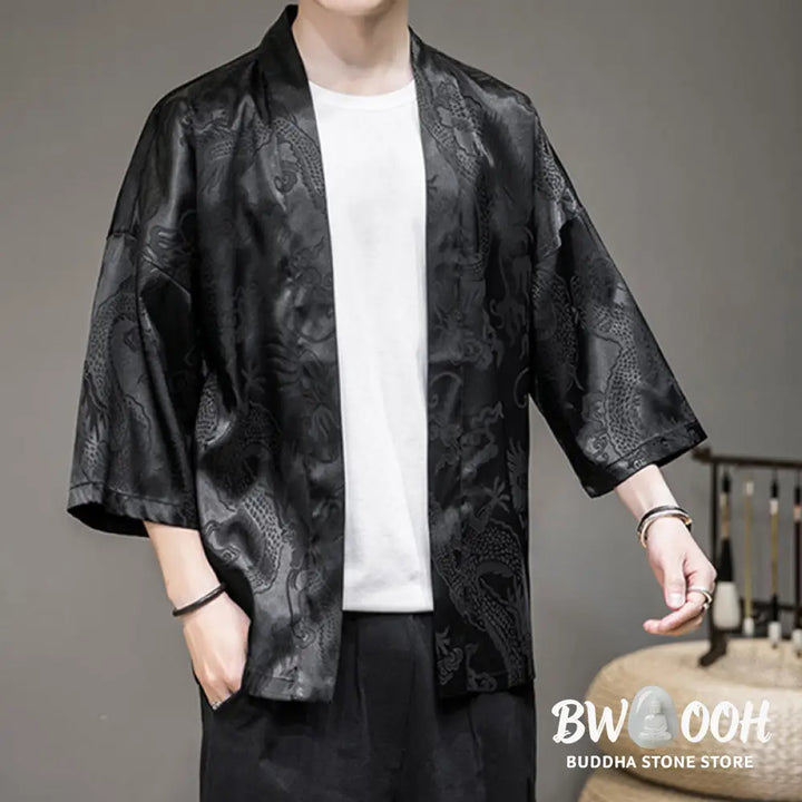 Buddha Stones Chinese Dragon Open Front Jacket Men’s Kimono - Men’s Kimono