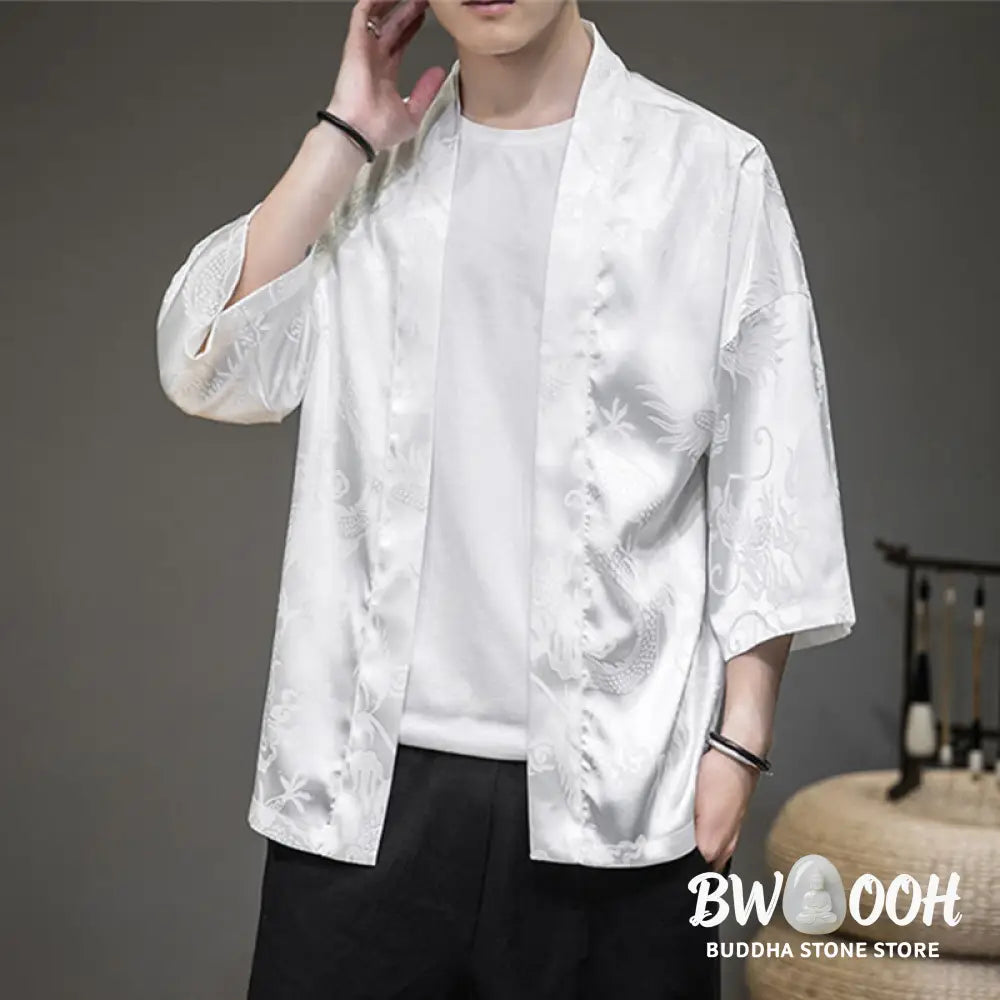 Buddha Stones Chinese Dragon Open Front Jacket Men’s Kimono - Men’s Kimono