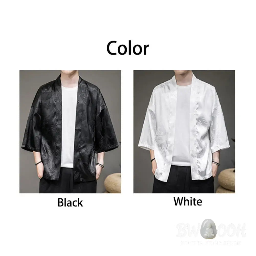 Buddha Stones Chinese Dragon Open Front Jacket Men’s Kimono - Men’s Kimono
