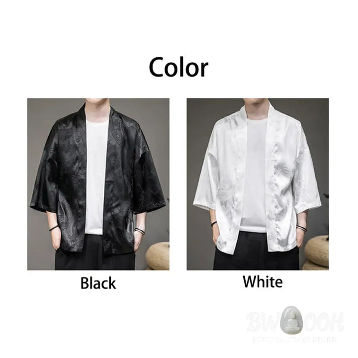 Buddha Stones Chinese Dragon Open Front Jacket Men’s Kimono - Men’s Kimono