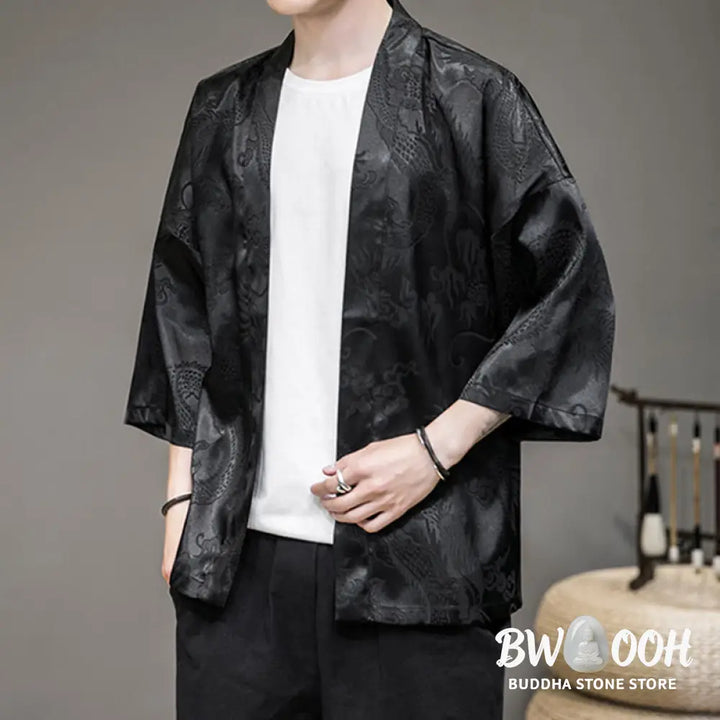 Buddha Stones Chinese Dragon Open Front Jacket Men’s Kimono - Men’s Kimono