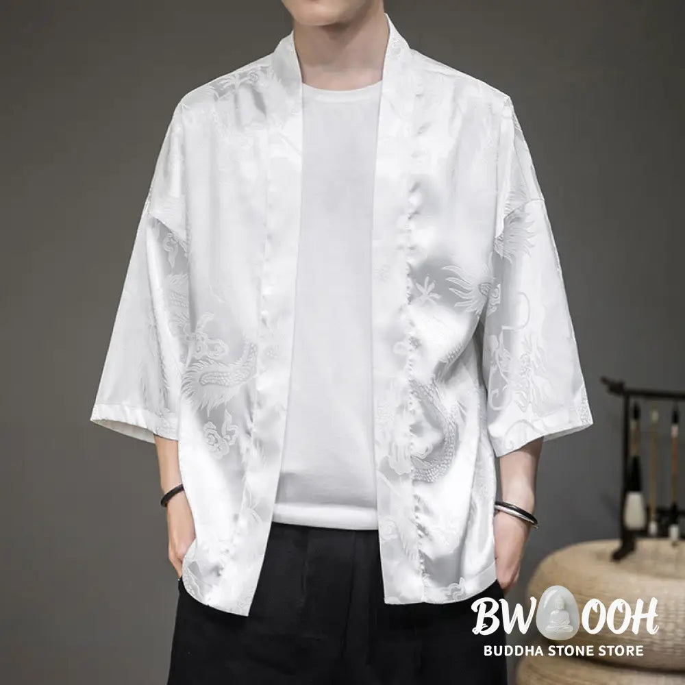 Buddha Stones Chinese Dragon Open Front Jacket Men’s Kimono - Men’s Kimono