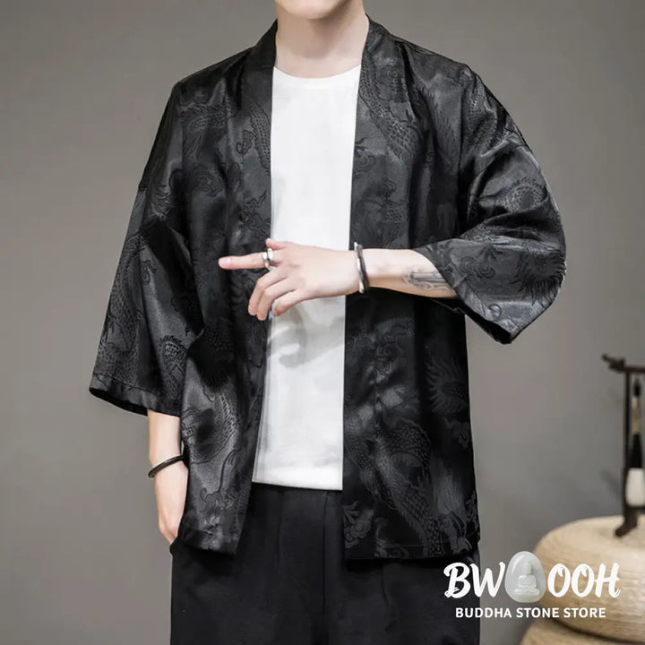 Buddha Stones Chinese Dragon Open Front Jacket Men’s Kimono - Men’s Kimono