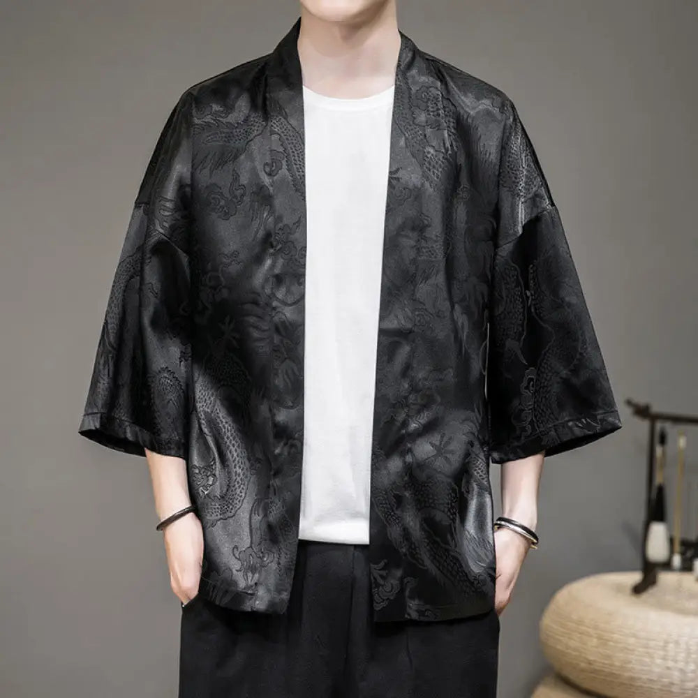 Buddha Stones Chinese Dragon Open Front Jacket Men’s Kimono - Black(Top Only) / US/UK/AU34，EU44 (M) - Men’s Kimono