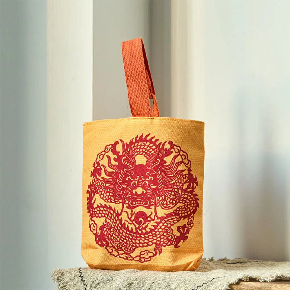 Buddha Stones Chinese Dragon Persimmon Canvas Handbag - Dragon and Tiger 15*8*22cm - Handbags