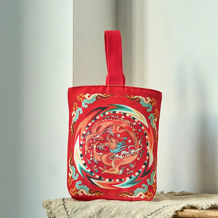 Buddha Stones Chinese Dragon Persimmon Canvas Handbag - Flying Dragon 15*8*22cm - Handbags