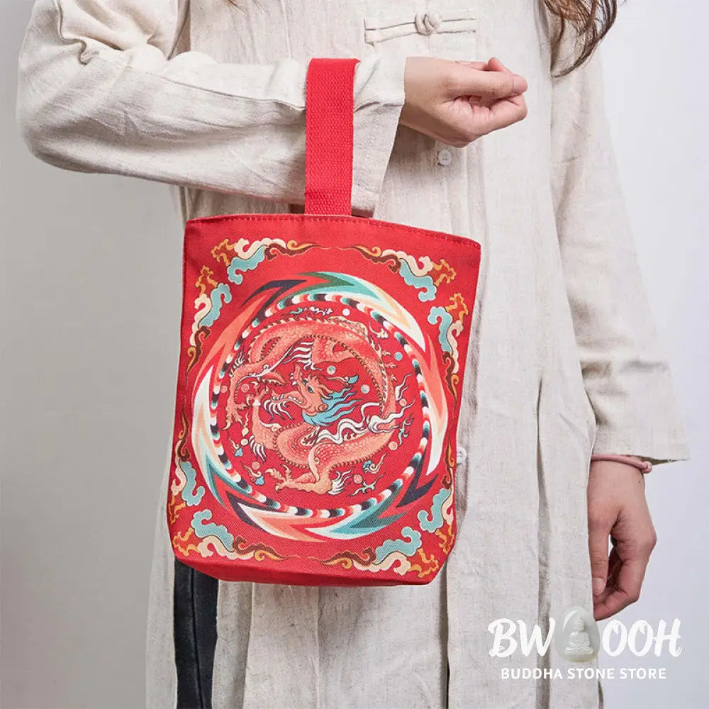 Buddha Stones Chinese Dragon Persimmon Canvas Handbag - Handbags