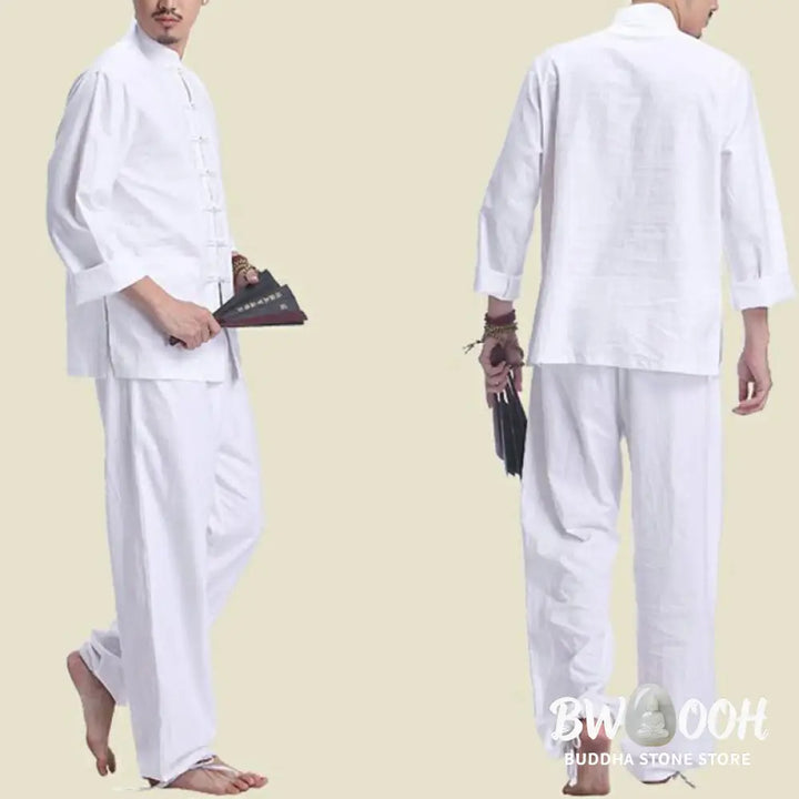 Buddha Stones Chinese Frog Button Design Meditation Prayer Cotton Linen Spiritual Zen Practice Yoga Clothing Men’s Set