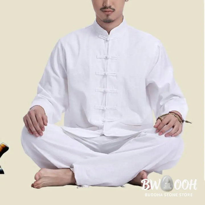 Buddha Stones Chinese Frog Button Design Meditation Prayer Cotton Linen Spiritual Zen Practice Yoga Clothing Men’s Set