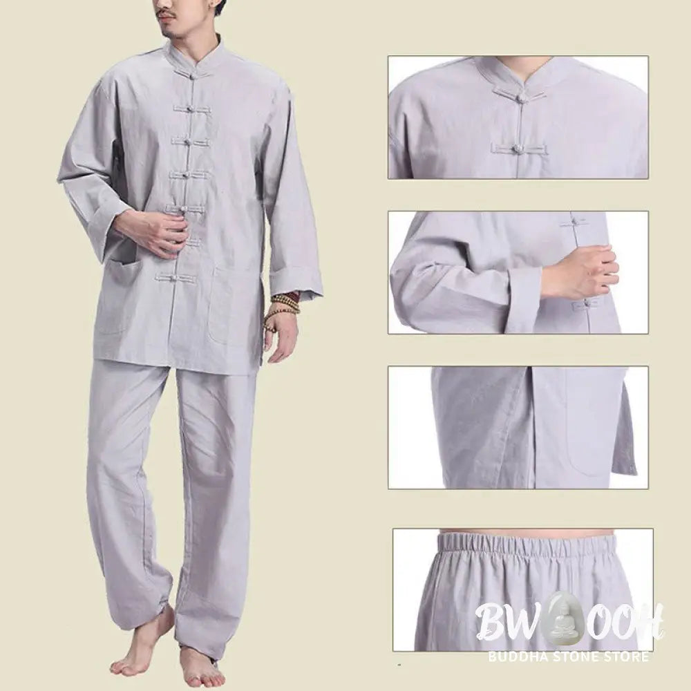 Buddha Stones Chinese Frog Button Design Meditation Prayer Cotton Linen Spiritual Zen Practice Yoga Clothing Men’s Set