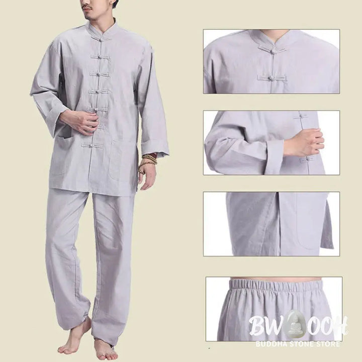 Buddha Stones Chinese Frog Button Design Meditation Prayer Cotton Linen Spiritual Zen Practice Yoga Clothing Men’s Set