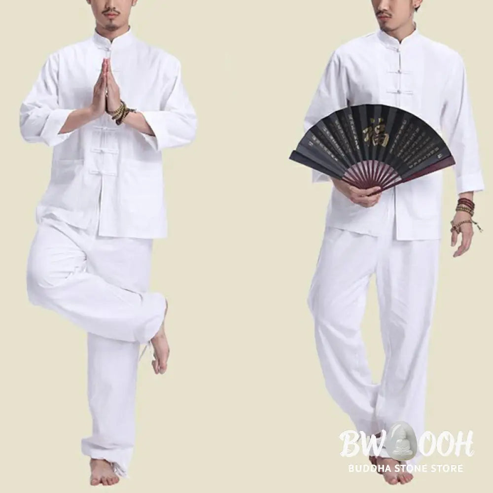 Buddha Stones Chinese Frog Button Design Meditation Prayer Cotton Linen Spiritual Zen Practice Yoga Clothing Men’s Set