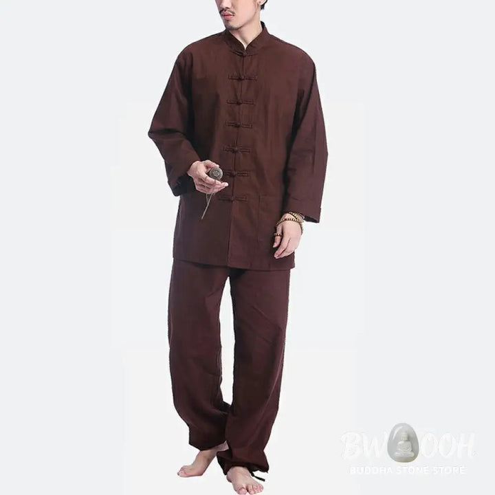 Buddha Stones Chinese Frog Button Design Meditation Prayer Cotton Linen Spiritual Zen Practice Yoga Clothing Men’s Set