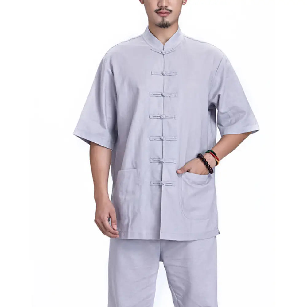 Buddha Stones Chinese Frog Button Design Meditation Prayer Cotton Linen Spiritual Zen Practice Yoga Clothing Men’s Set