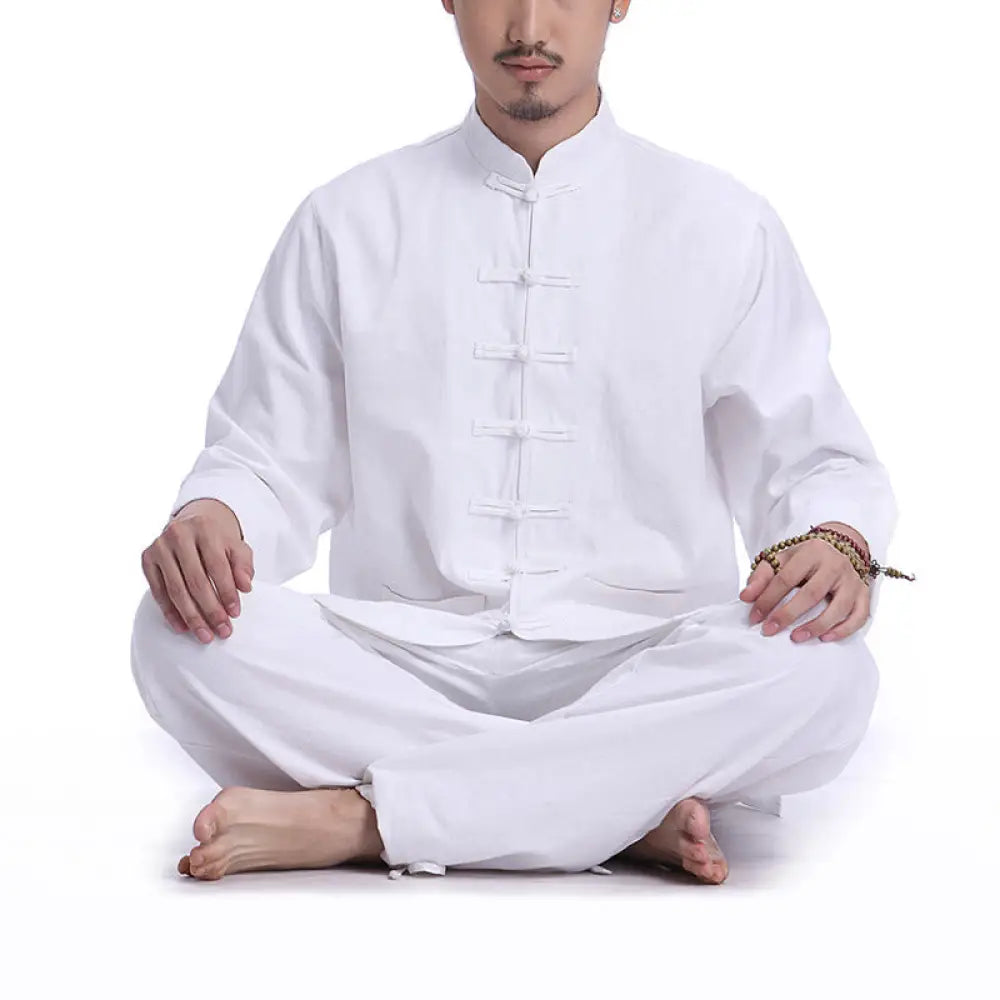 Buddha Stones Chinese Frog Button Design Meditation Prayer Cotton Linen Spiritual Zen Practice Yoga Clothing Men’s Set