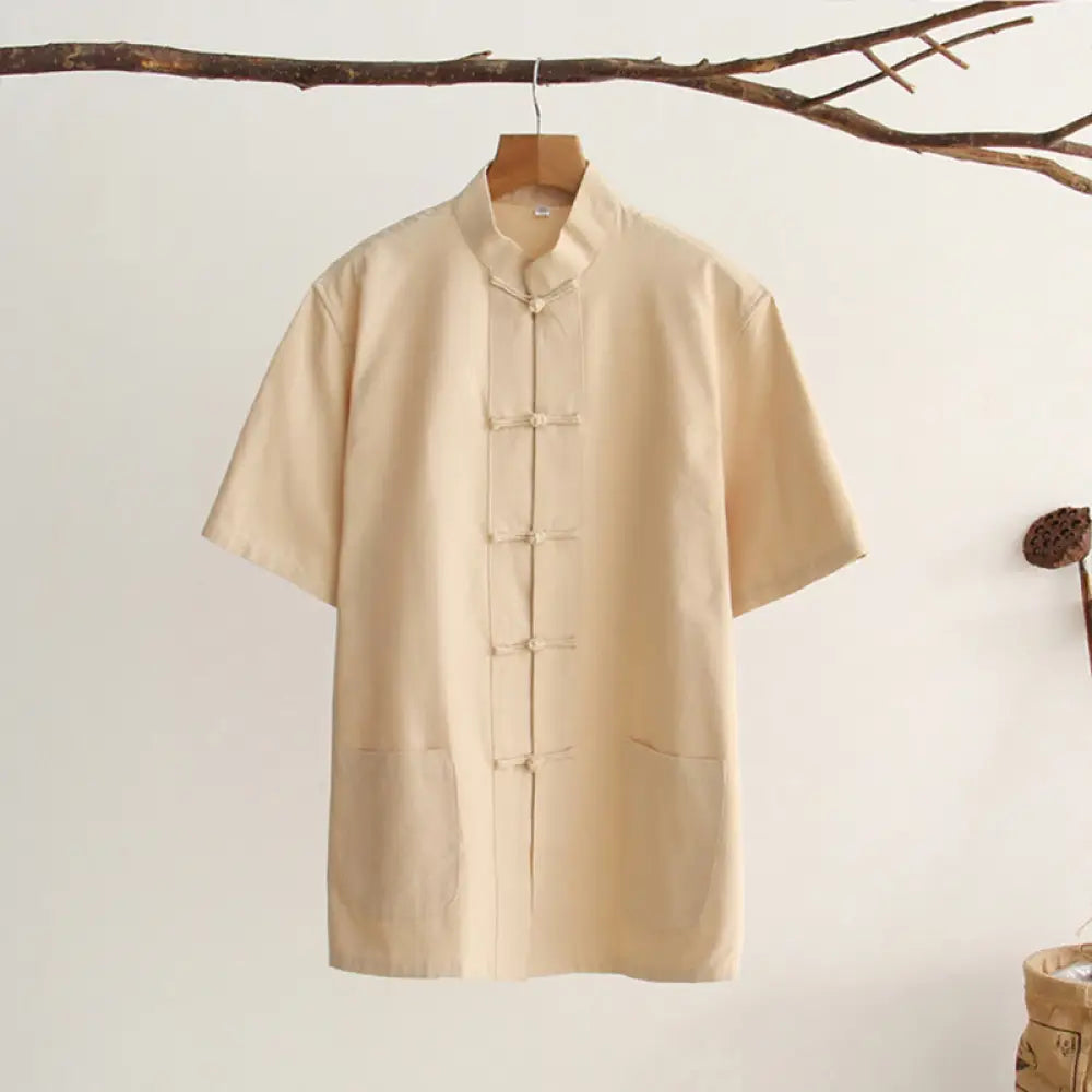 Buddha Stones Chinese Frog-Button Tang Suit Men’s Short Sleeve Cotton Shirt With Pockets - Bisque / US/UK/AU34，EU44 (M)