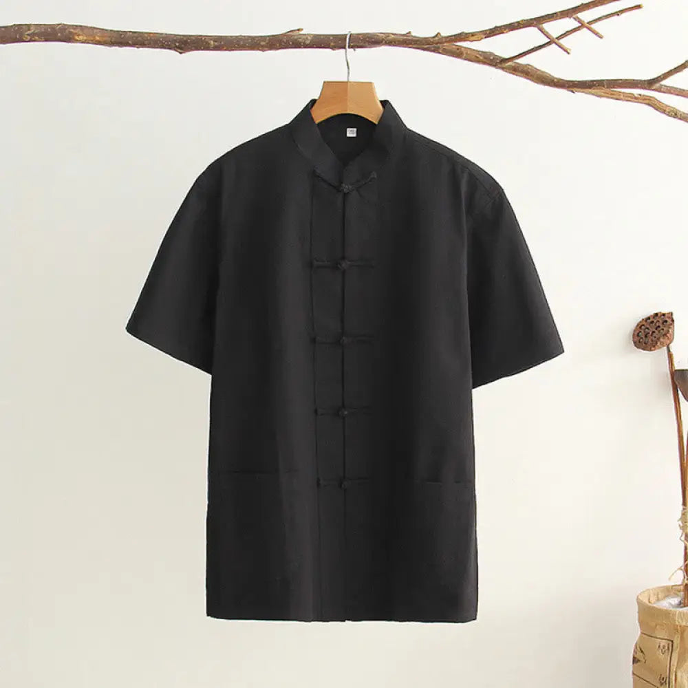 Buddha Stones Chinese Frog-Button Tang Suit Men’s Short Sleeve Cotton Shirt With Pockets - Black / US/UK/AU34，EU44 (M)