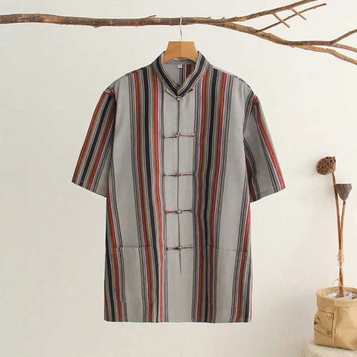 Buddha Stones Chinese Frog-Button Tang Suit Men’s Short Sleeve Cotton Shirt With Pockets - DarkGray / US/UK/AU34，EU44