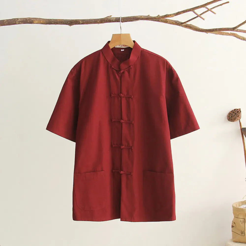 Buddha Stones Chinese Frog-Button Tang Suit Men’s Short Sleeve Cotton Shirt With Pockets - IndianRed / US/UK/AU34，EU44