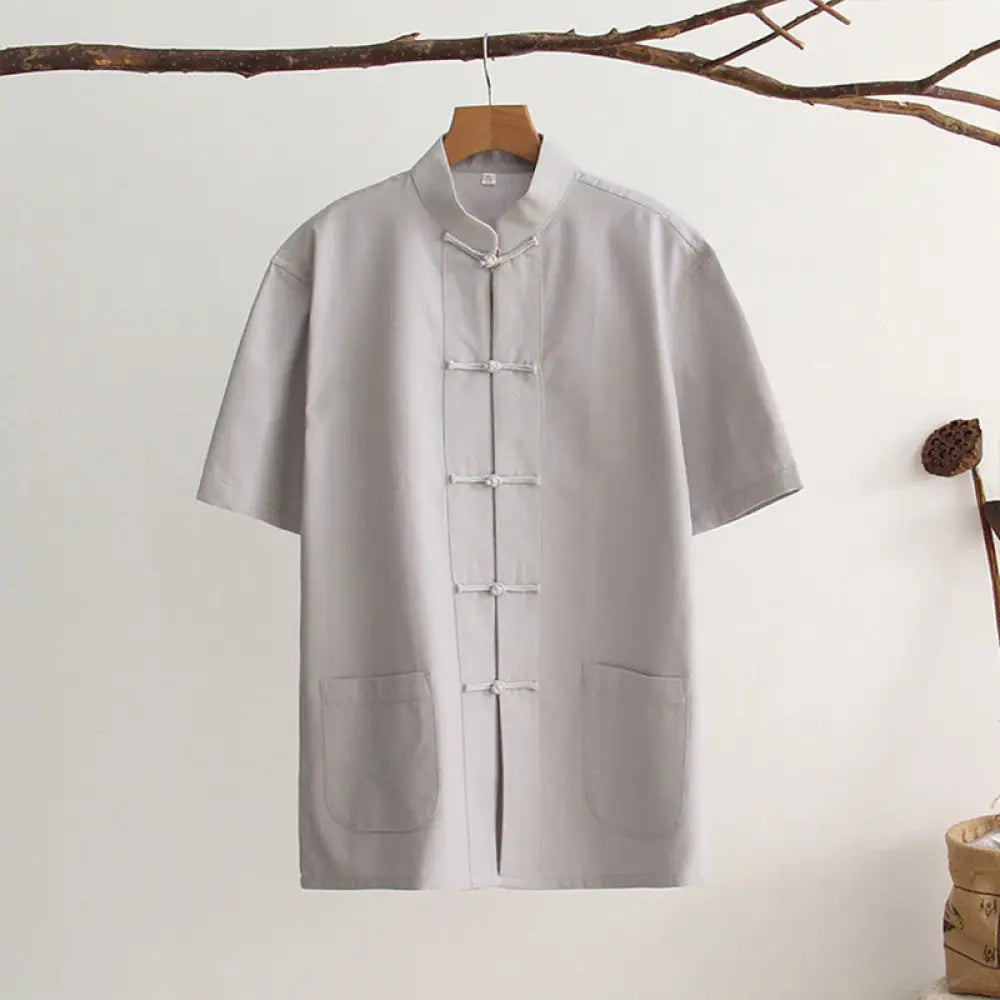 Buddha Stones Chinese Frog-Button Tang Suit Men’s Short Sleeve Cotton Shirt With Pockets - LightGrey / US/UK/AU34，EU44