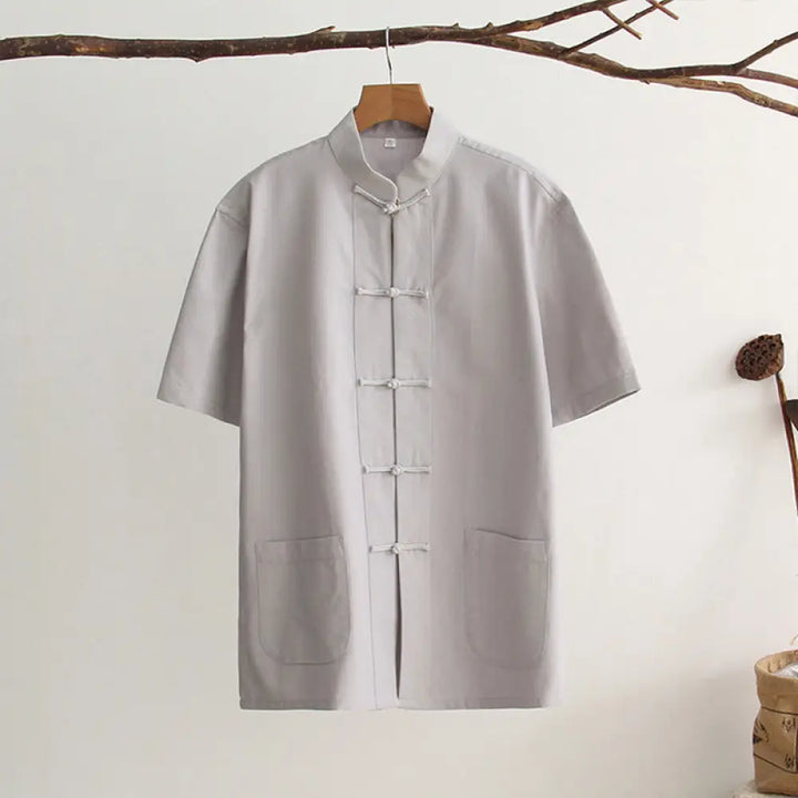 Buddha Stones Chinese Frog-Button Tang Suit Men’s Short Sleeve Cotton Shirt With Pockets - LightGrey / US/UK/AU34，EU44