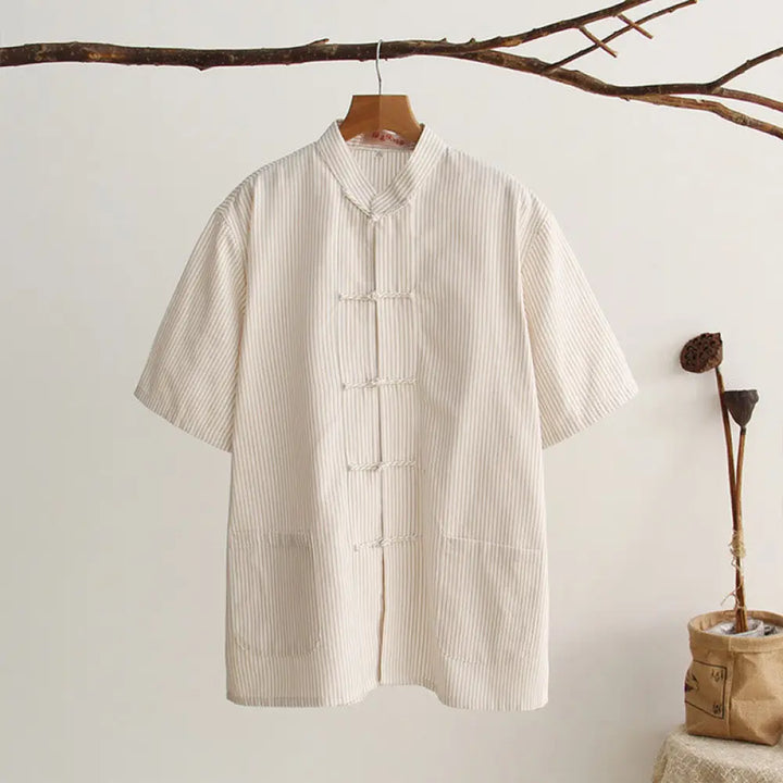 Buddha Stones Chinese Frog-Button Tang Suit Men’s Short Sleeve Cotton Shirt With Pockets - Linen / US/UK/AU34，EU44 (M)