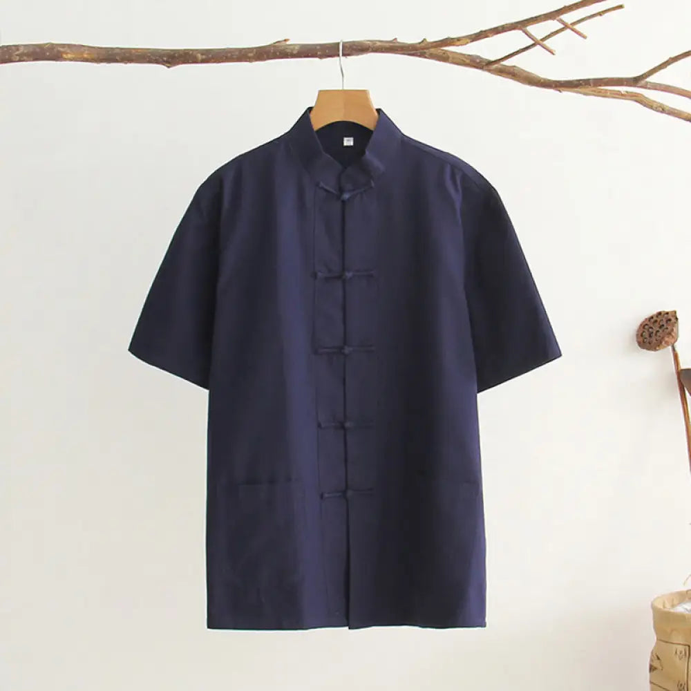 Buddha Stones Chinese Frog-Button Tang Suit Men’s Short Sleeve Cotton Shirt With Pockets - MidnightBlue