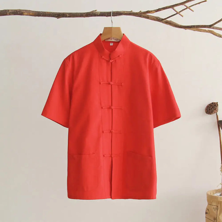 Buddha Stones Chinese Frog-Button Tang Suit Men’s Short Sleeve Cotton Shirt With Pockets - OrangeRed / US/UK/AU34，EU44