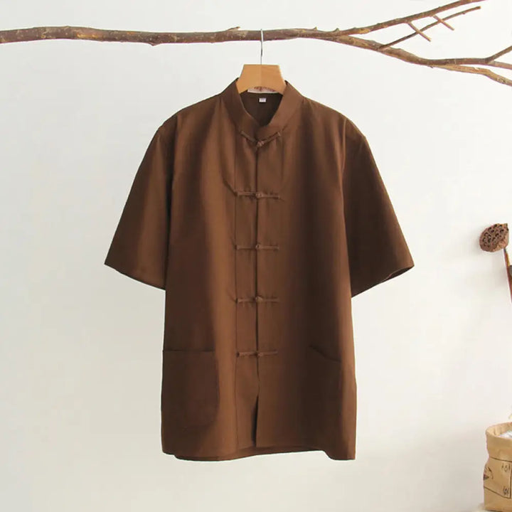 Buddha Stones Chinese Frog-Button Tang Suit Men’s Short Sleeve Cotton Shirt With Pockets - SaddleBrown