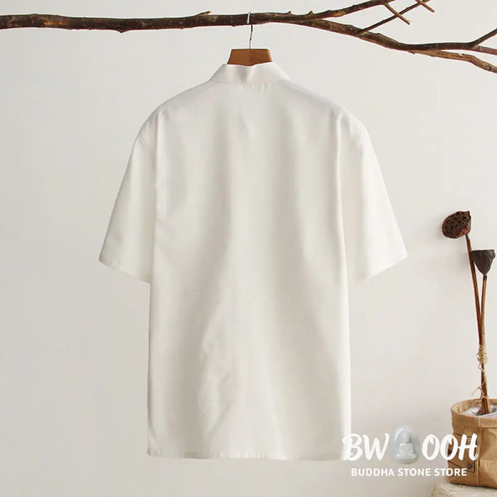 Buddha Stones Chinese Frog-Button Tang Suit Men’s Short Sleeve Cotton Shirt With Pockets - Men’s Shirts