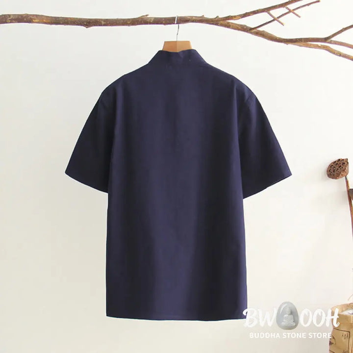 Buddha Stones Chinese Frog-Button Tang Suit Men’s Short Sleeve Cotton Shirt With Pockets - Men’s Shirts