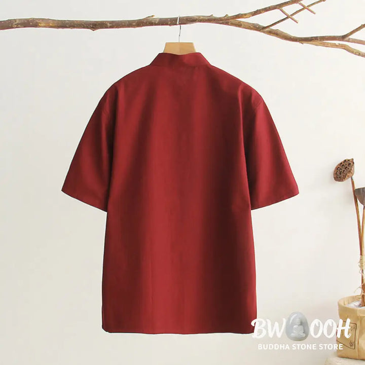 Buddha Stones Chinese Frog-Button Tang Suit Men’s Short Sleeve Cotton Shirt With Pockets - Men’s Shirts