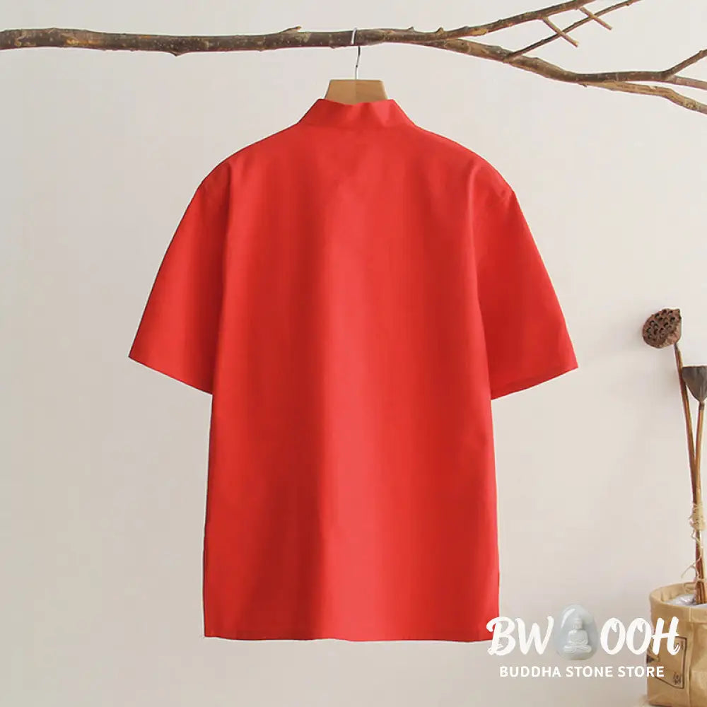 Buddha Stones Chinese Frog-Button Tang Suit Men’s Short Sleeve Cotton Shirt With Pockets - Men’s Shirts