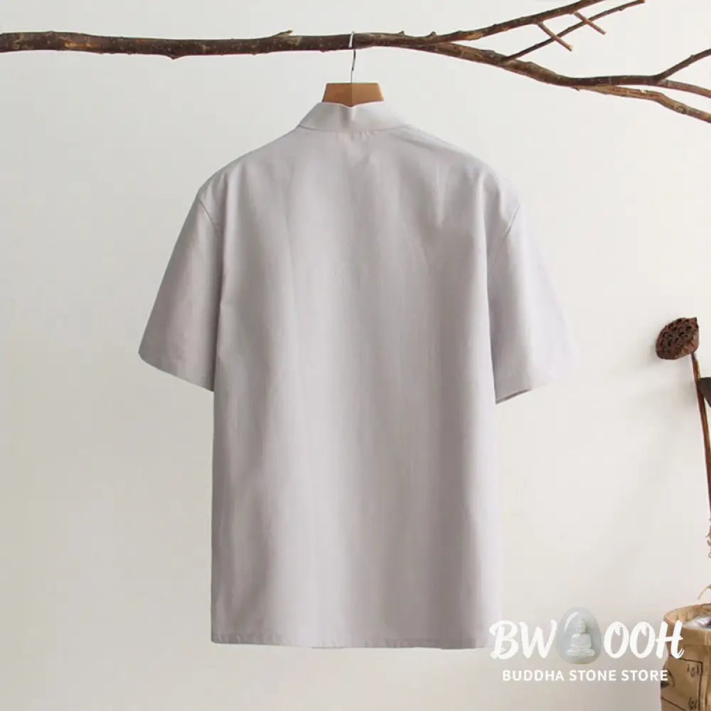 Buddha Stones Chinese Frog-Button Tang Suit Men’s Short Sleeve Cotton Shirt With Pockets - Men’s Shirts