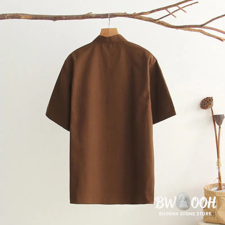 Buddha Stones Chinese Frog-Button Tang Suit Men’s Short Sleeve Cotton Shirt With Pockets - Men’s Shirts