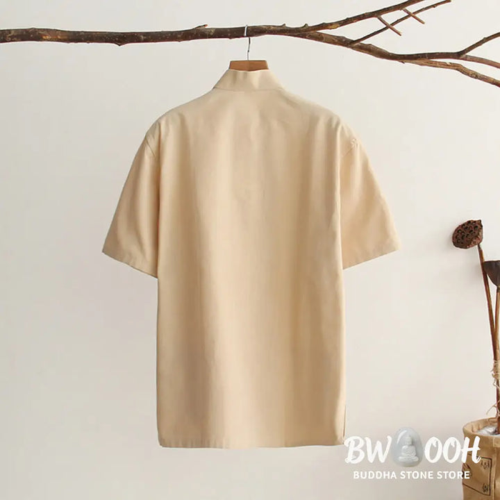 Buddha Stones Chinese Frog-Button Tang Suit Men’s Short Sleeve Cotton Shirt With Pockets - Men’s Shirts