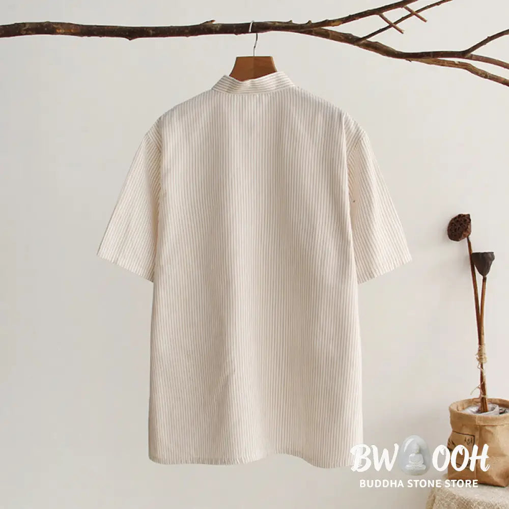 Buddha Stones Chinese Frog-Button Tang Suit Men’s Short Sleeve Cotton Shirt With Pockets - Men’s Shirts
