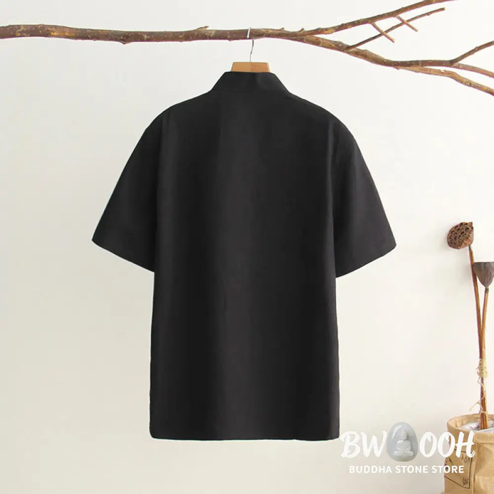 Buddha Stones Chinese Frog-Button Tang Suit Men’s Short Sleeve Cotton Shirt With Pockets - Men’s Shirts