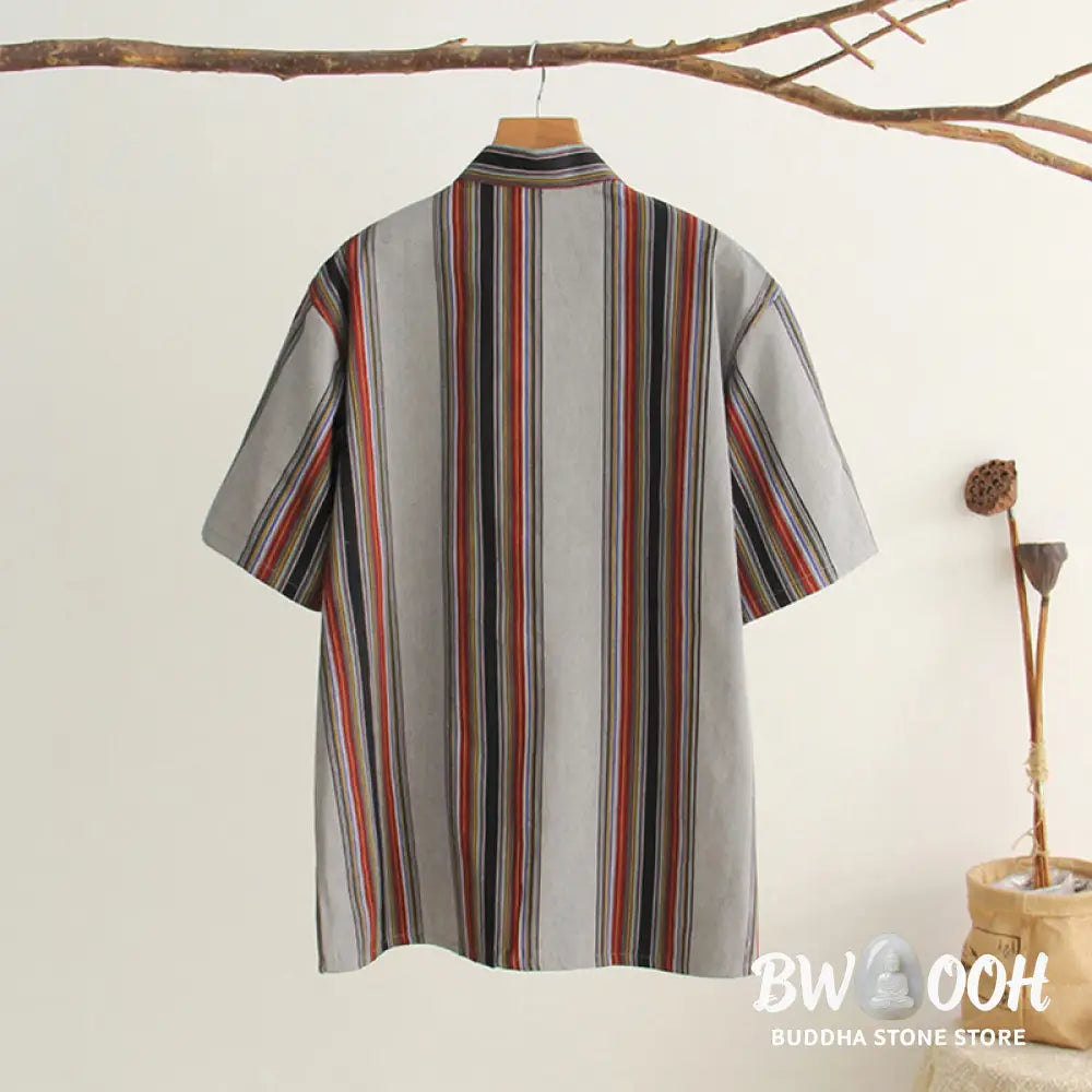Buddha Stones Chinese Frog-Button Tang Suit Men’s Short Sleeve Cotton Shirt With Pockets - Men’s Shirts