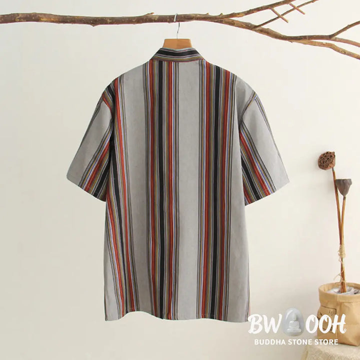 Buddha Stones Chinese Frog-Button Tang Suit Men’s Short Sleeve Cotton Shirt With Pockets - Men’s Shirts