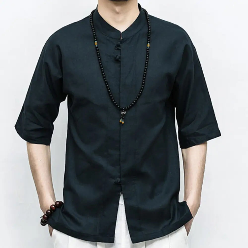 Buddha Stones Chinese Frog-Button Tang Suit Zen Half Sleeve Shirt Linen Men Clothing - Black / US/UK/AU34，EU44 (M)
