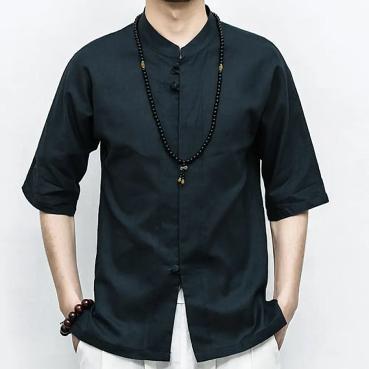 Buddha Stones Chinese Frog-Button Tang Suit Zen Half Sleeve Shirt Linen Men Clothing - Black / US/UK/AU34，EU44 (M)