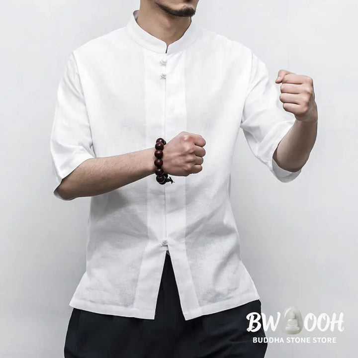 Buddha Stones Chinese Frog-Button Tang Suit Zen Half Sleeve Shirt Linen Men Clothing - Men’s Shirts