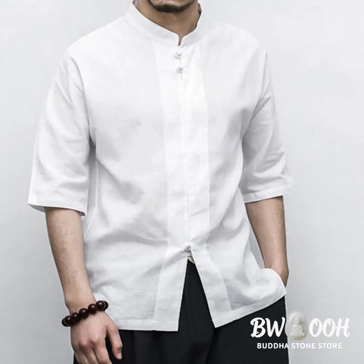 Buddha Stones Chinese Frog-Button Tang Suit Zen Half Sleeve Shirt Linen Men Clothing - Men’s Shirts