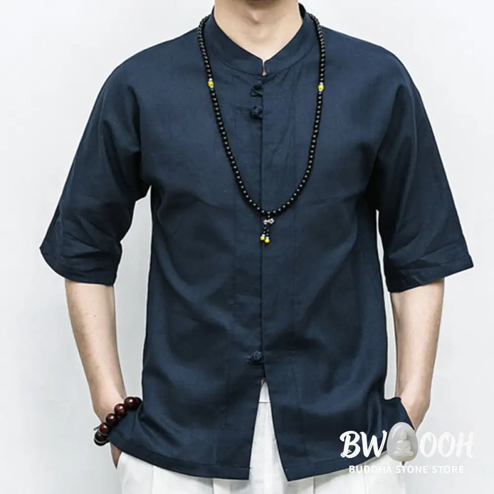 Buddha Stones Chinese Frog-Button Tang Suit Zen Half Sleeve Shirt Linen Men Clothing - Men’s Shirts
